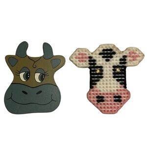 Vtg (2) Cow Refrigerator Magnets - Handmade Hand Painted - 1 Wood 1 Googly Eyes